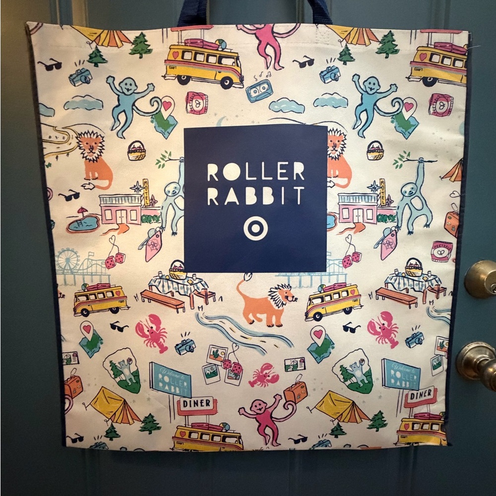 Roller Rabbit Multicolor Canvas Tote with Navy Logo Patch